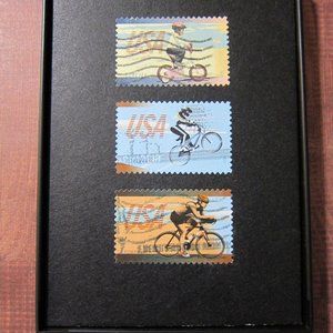 Bicycle - Recycled Postage Stamp Framed Art 3.5"x5", biker, bicyclist, bike ride